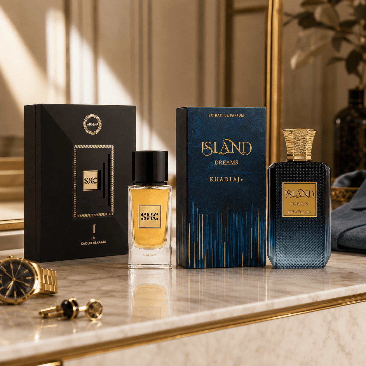 Armaf SHK I by Saoud AlKaabi and Khadlaj Island Dreams two-piece fragrance bundle with bottles and boxes