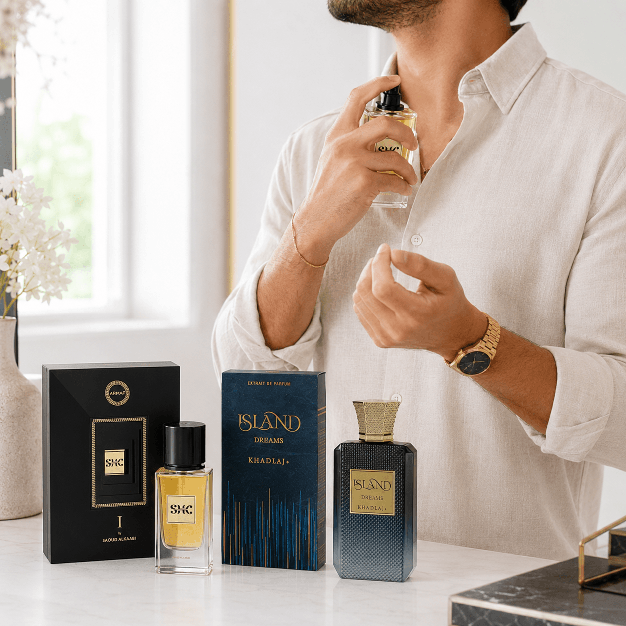 Armaf SHK I by Saoud AlKaabi and Khadlaj Island Dreams two-piece fragrance bundle with bottles and boxes