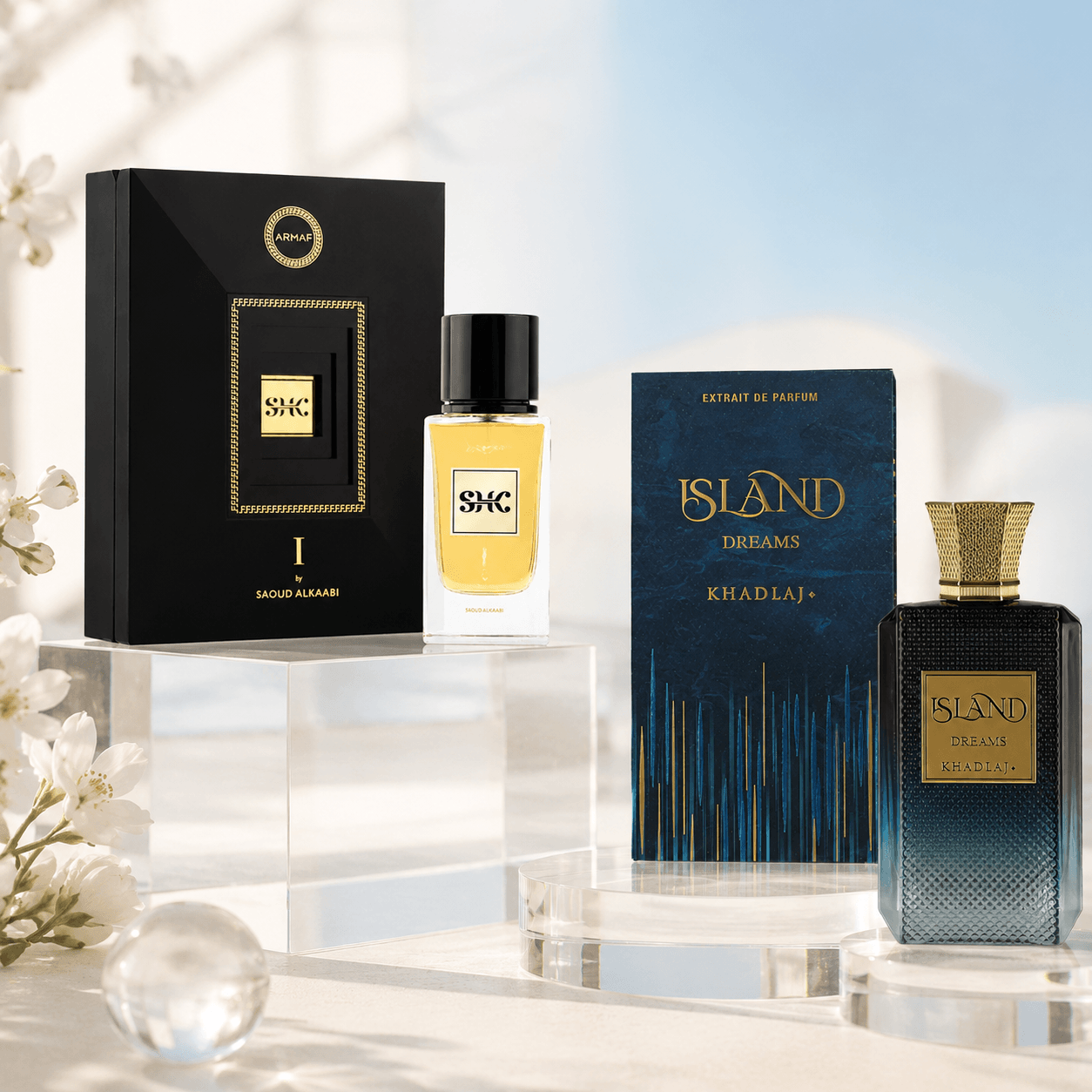 Armaf SHK I by Saoud AlKaabi and Khadlaj Island Dreams two-piece fragrance bundle with bottles and boxes