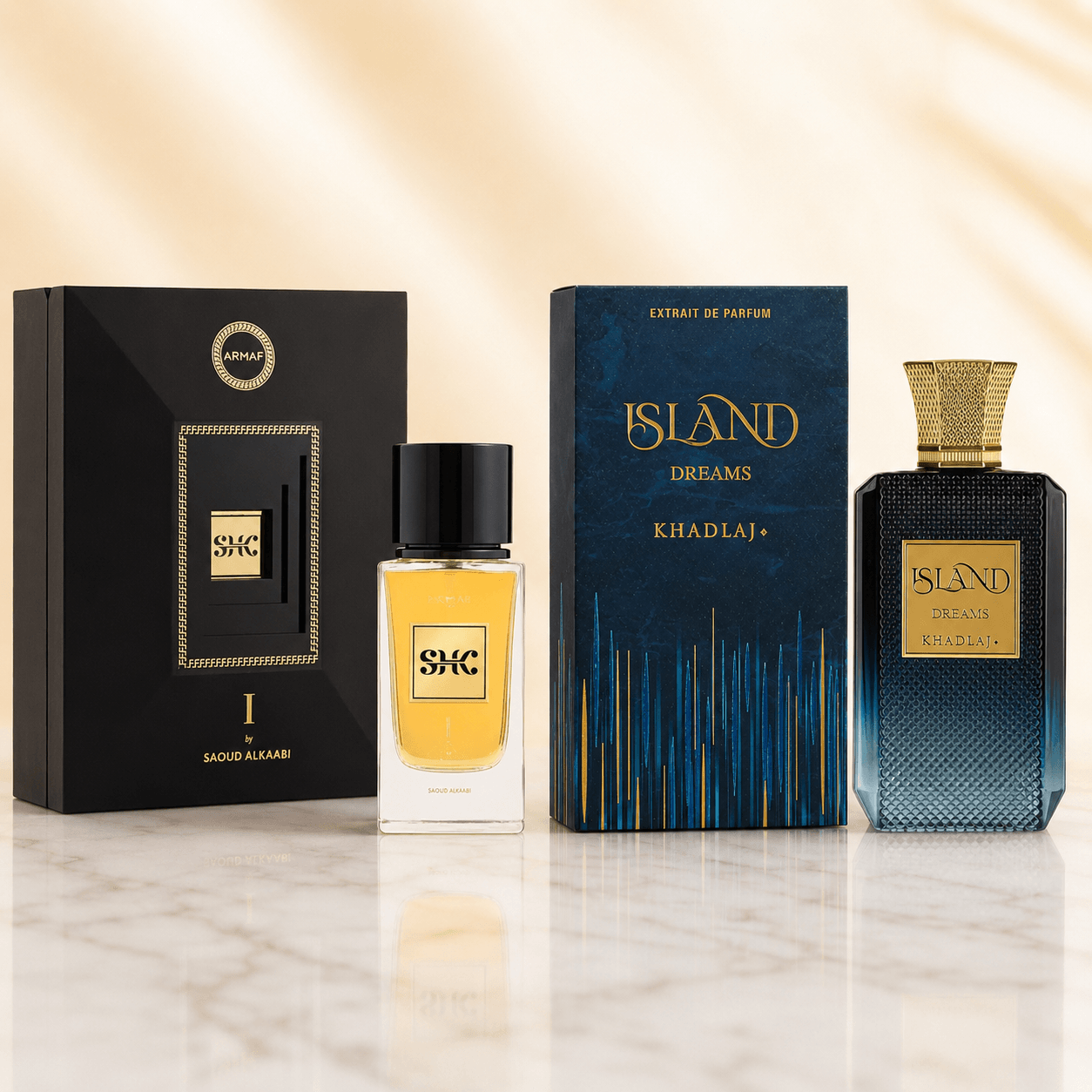 Armaf SHK I by Saoud AlKaabi and Khadlaj Island Dreams two-piece fragrance bundle with bottles and boxes