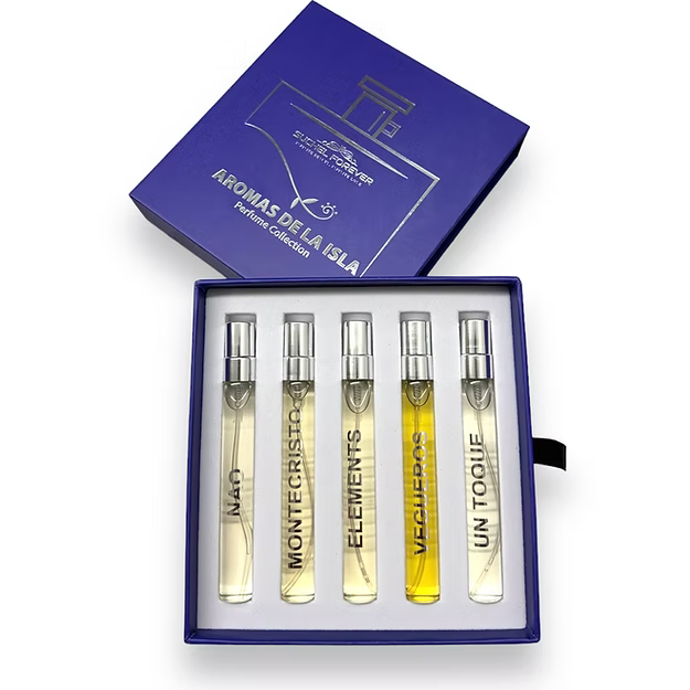 Aromas de la Isla Perfume Collection for Men by Suchel Forever with five travel spray vials