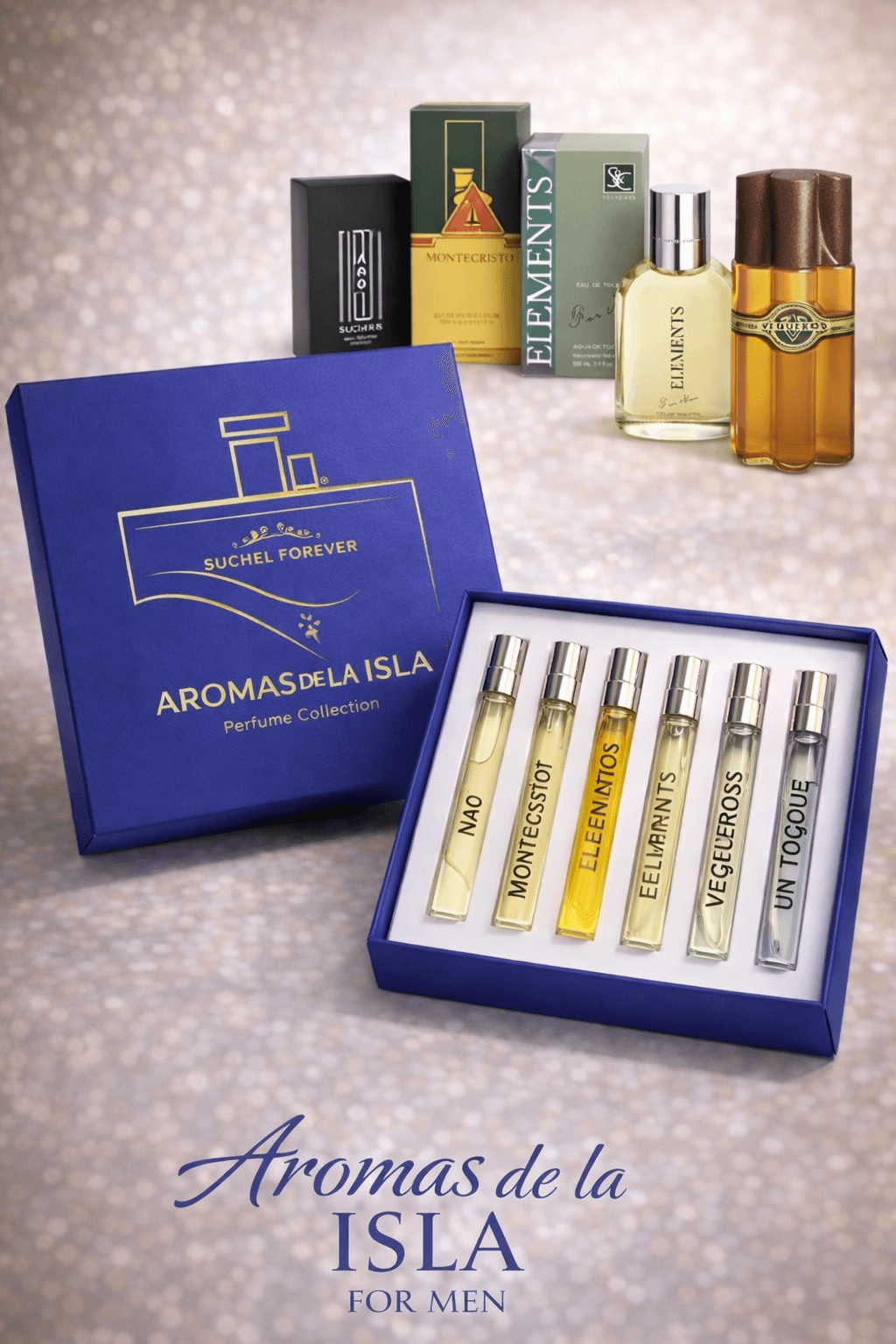 Aromas de la Isla Perfume Collection for Men by Suchel Forever with five travel spray vials