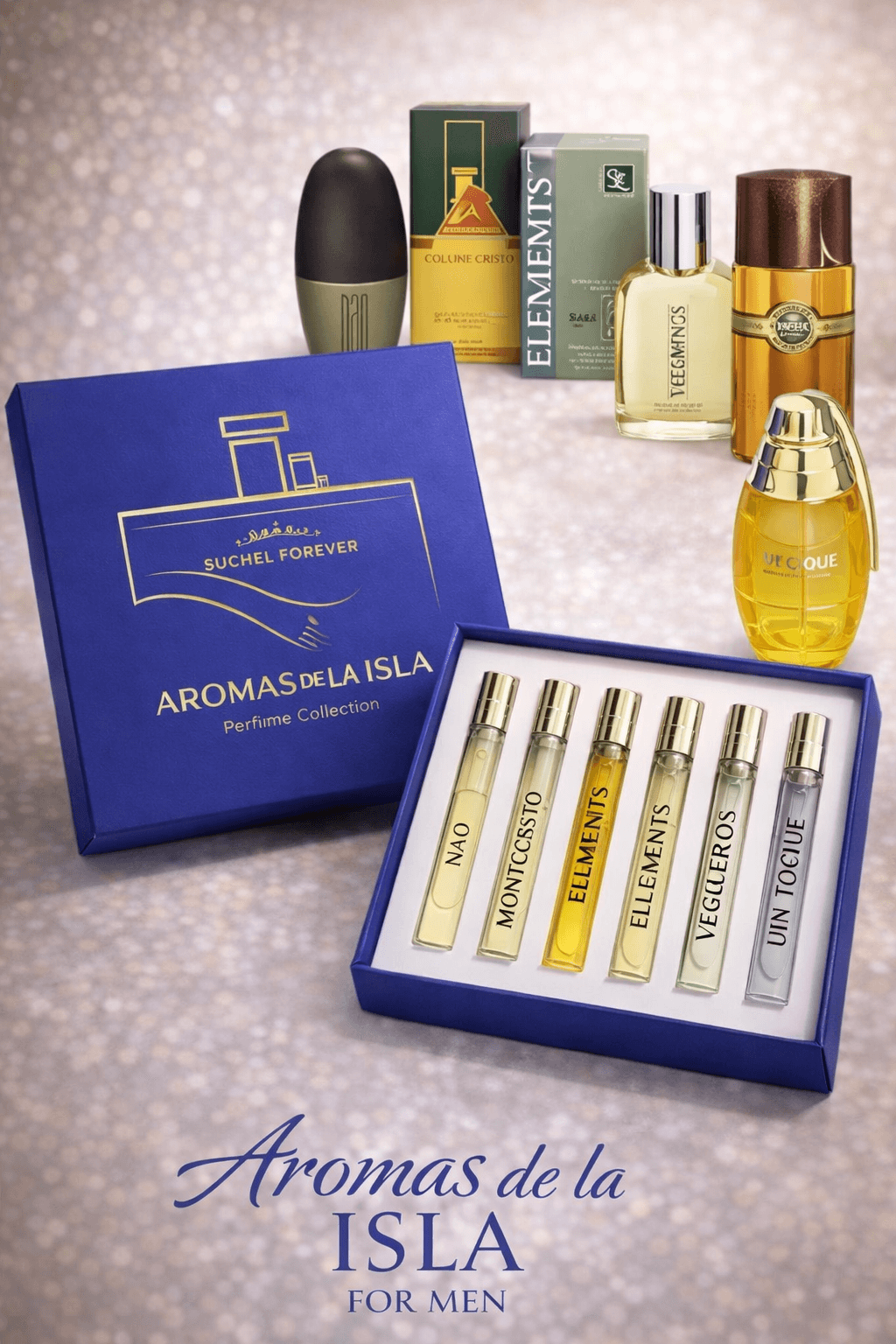 Aromas de la Isla Perfume Collection for Men by Suchel Forever with five travel spray vials