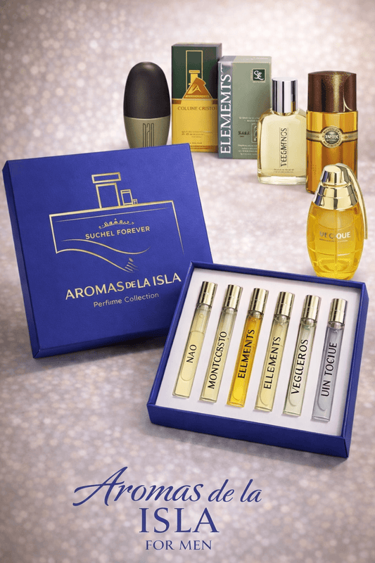 Aromas de la Isla Perfume Collection for Men by Suchel Forever with five travel spray vials