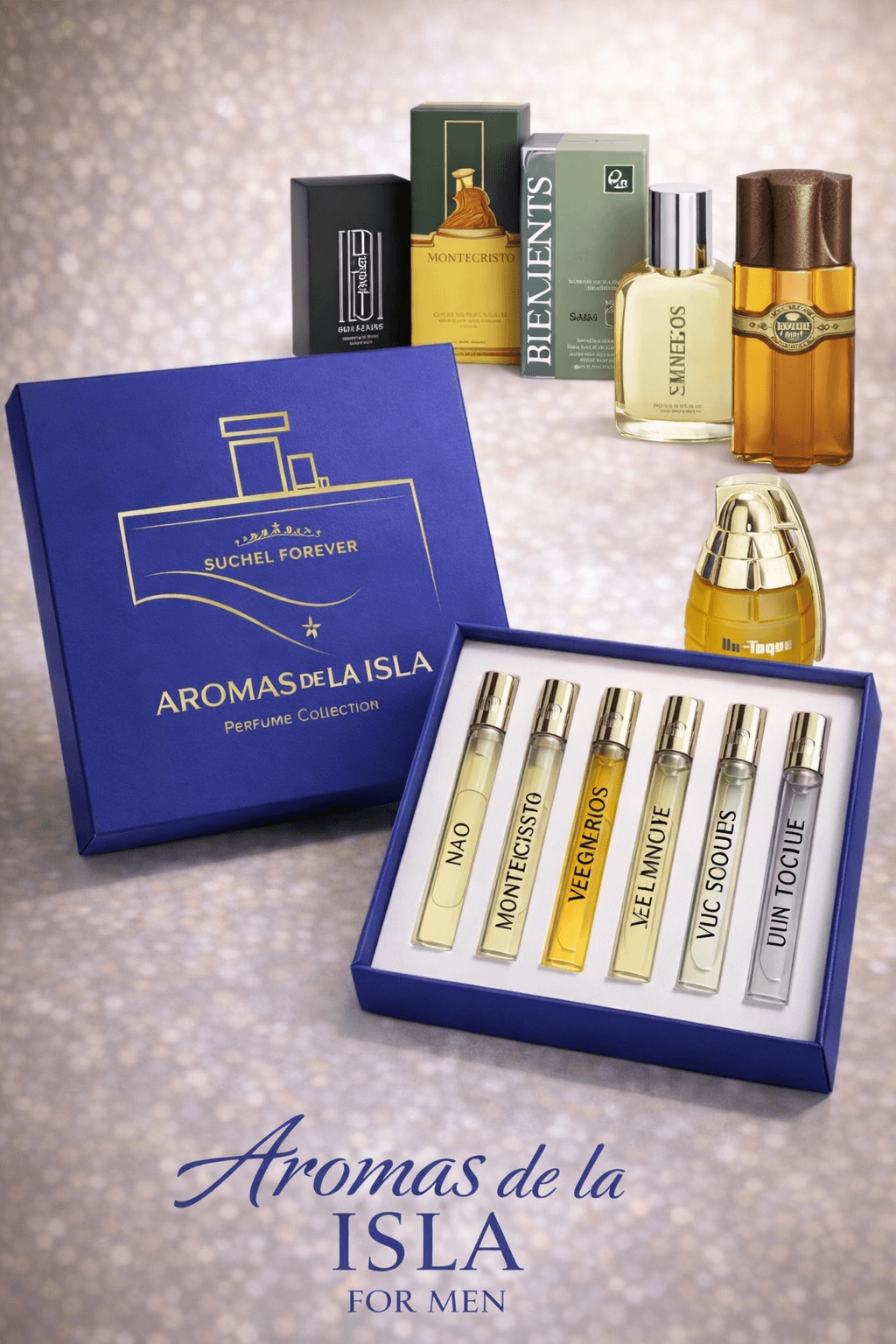 Aromas de la Isla Perfume Collection for Men by Suchel Forever with five travel spray vials