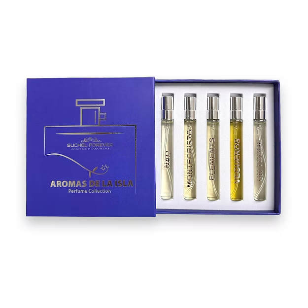 Aromas de la Isla Perfume Collection for Men by Suchel Forever with five travel spray vials