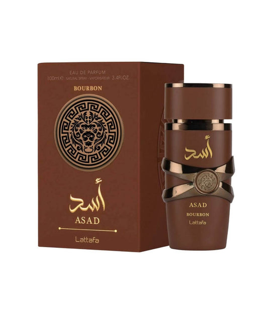 Shop Lattafa Asad Bourbon Eau de Parfum 100ml – a warm bourbon, spicy, and woody men’s fragrance. Powerful, long-lasting, and sophisticated.