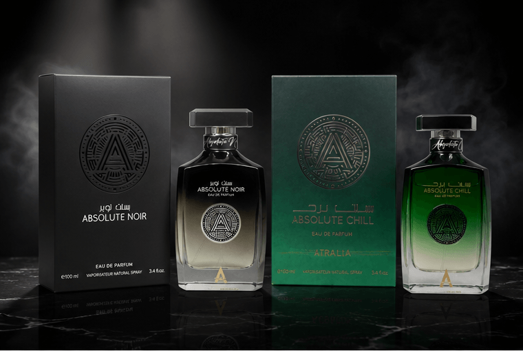 Atralia Absolute Fragrance Bundle featuring Absolute Noir and Absolute Chill Eau de Parfum bottles and boxes
