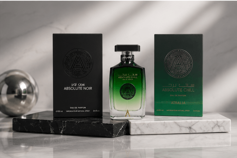 Atralia Absolute Fragrance Bundle featuring Absolute Noir and Absolute Chill Eau de Parfum bottles and boxes