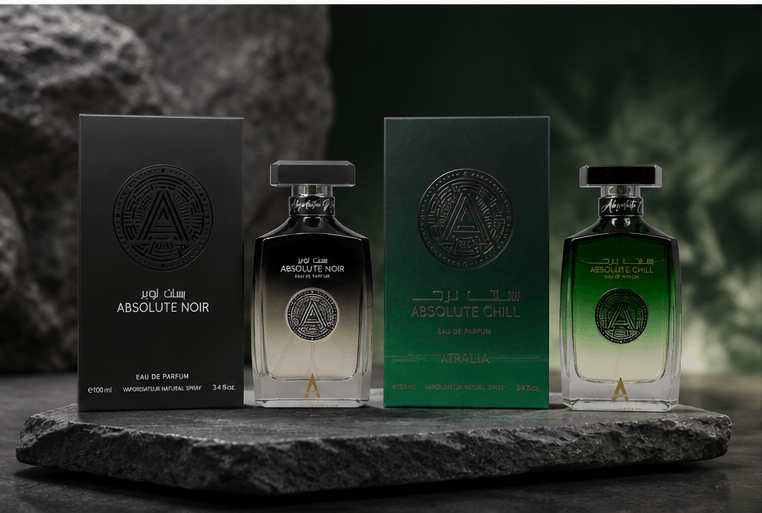 Atralia Absolute Fragrance Bundle featuring Absolute Noir and Absolute Chill Eau de Parfum bottles and boxes