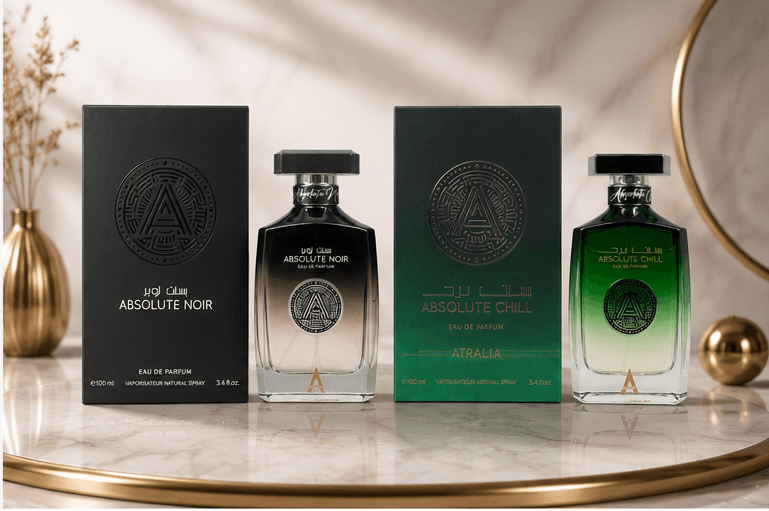 Atralia Absolute Fragrance Bundle featuring Absolute Noir and Absolute Chill Eau de Parfum bottles and boxes