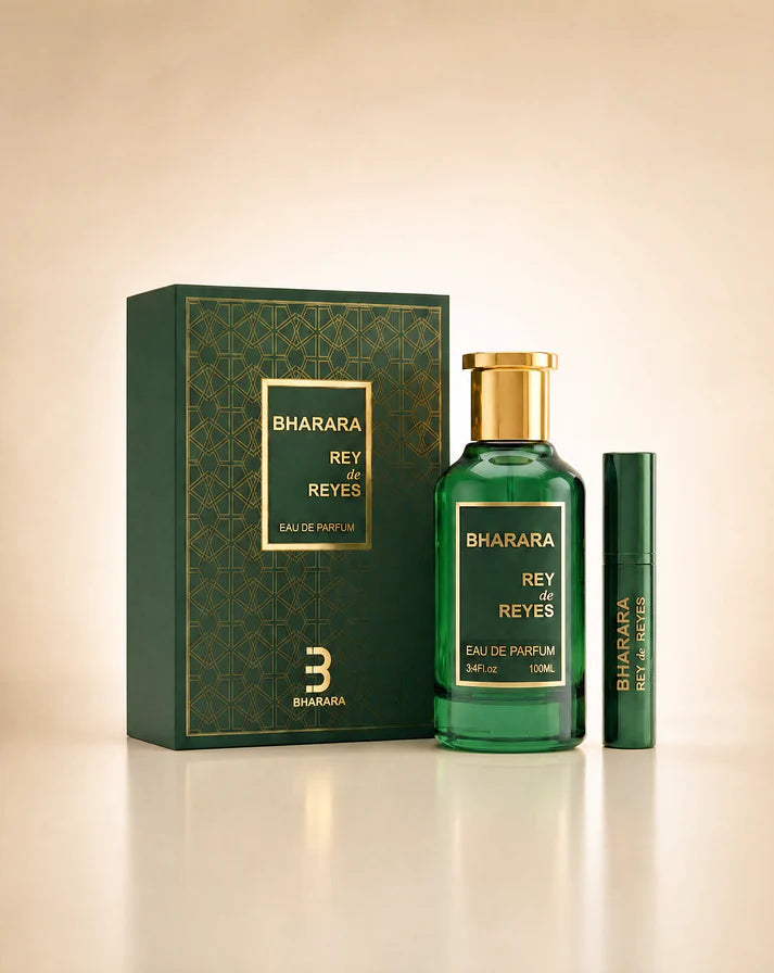 Bharara Rey de Reyes Eau de Parfum 100 ml bottle, box and travel spray