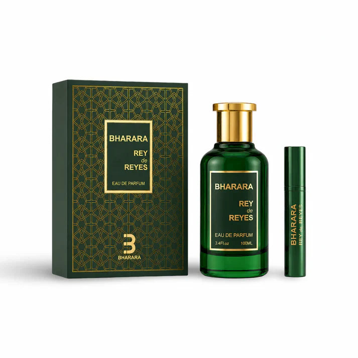 Bharara Rey de Reyes Eau de Parfum 100 ml bottle, box and travel spray