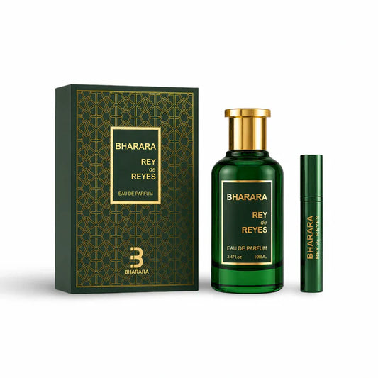 Bharara Rey de Reyes Eau de Parfum 100 ml bottle, box and travel spray