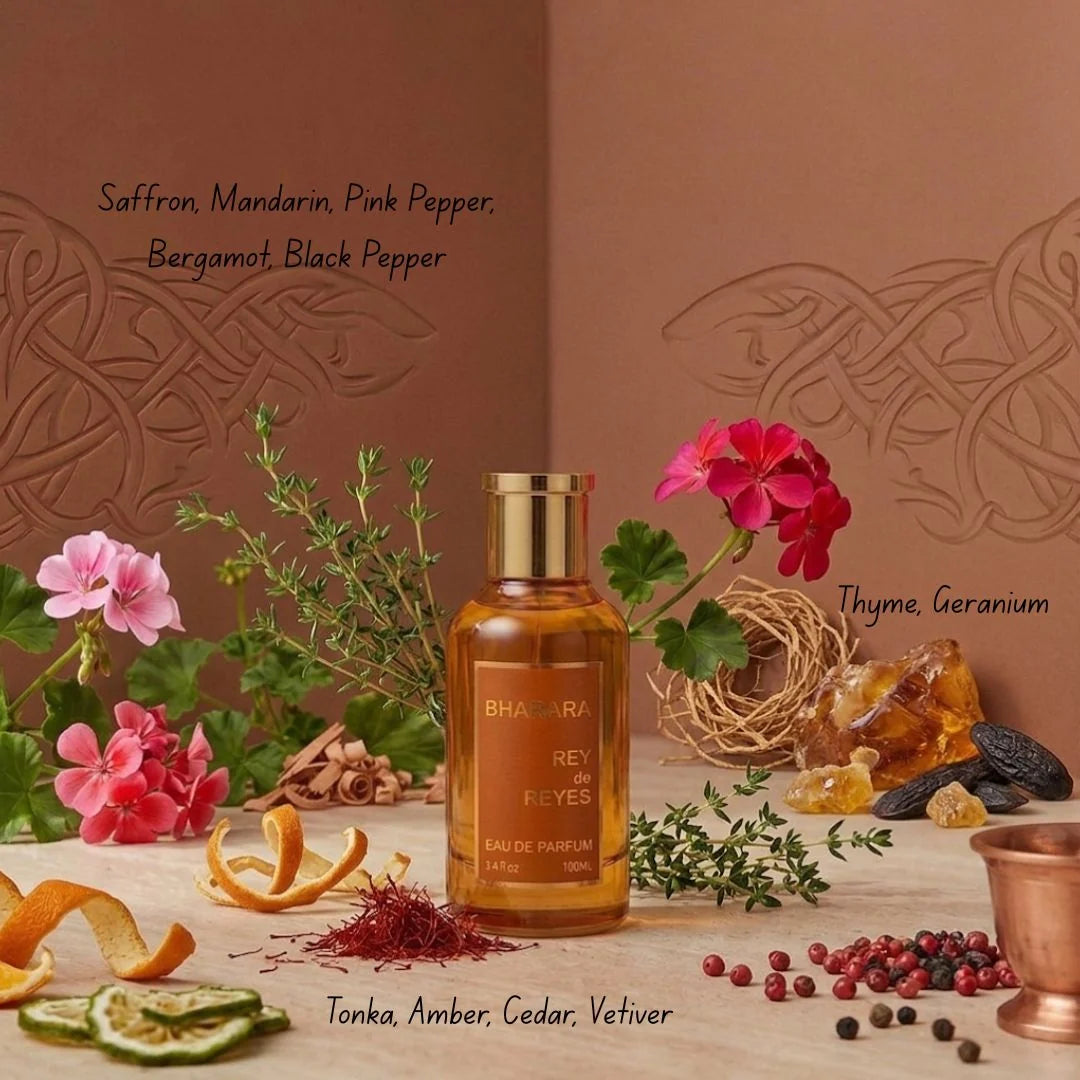 Bharara Rey de Reyes Orange Eau de Parfum 100 ml unisex fragrance bottle and orange retail box