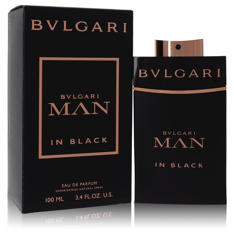 Bvlgari Man In Black 100 ml Eau de Parfum – men’s rum leather tonka bean woody fragrance bottle on white background
