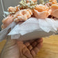 Handmade peach floral candle bouquet with teddy bear detail in ceramic base