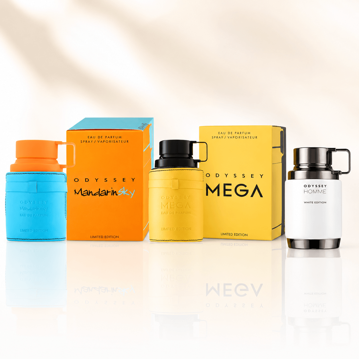 Armaf Odyssey Mandarin Sky, Mega and Homme White Edition three-piece Eau de Parfum bundle