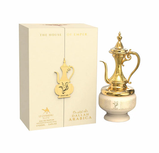 Dallah Arabica Le Chameau Elite Eau de Parfum 100ml gold dallah bottle and box