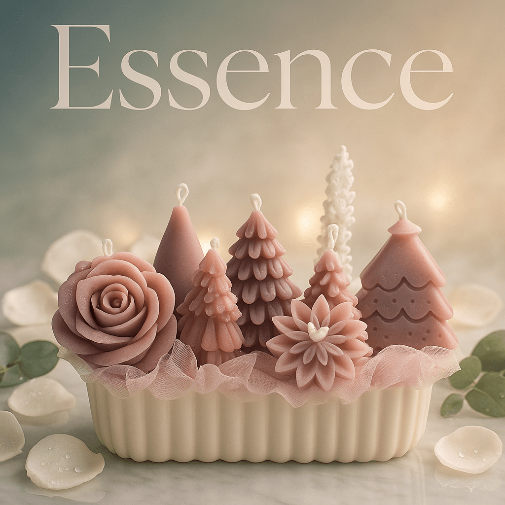 Decorative handmade sculpted candle set with multiple artistic candle designs arranged on a display base