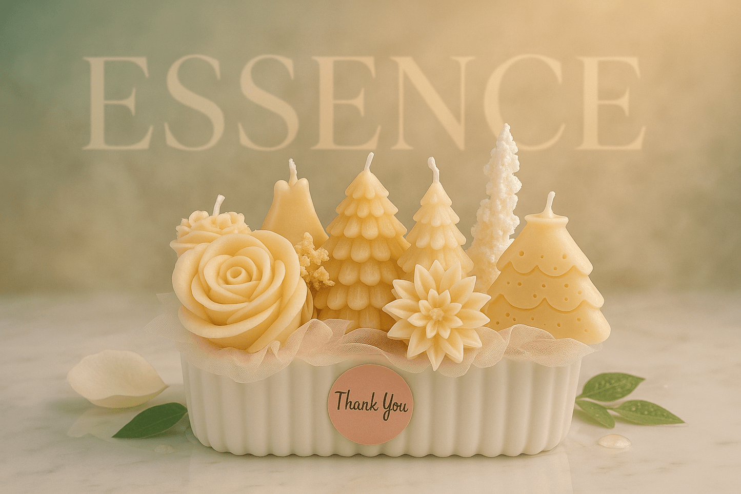 Decorative handmade sculpted candle set with multiple artistic candle designs arranged on a display base