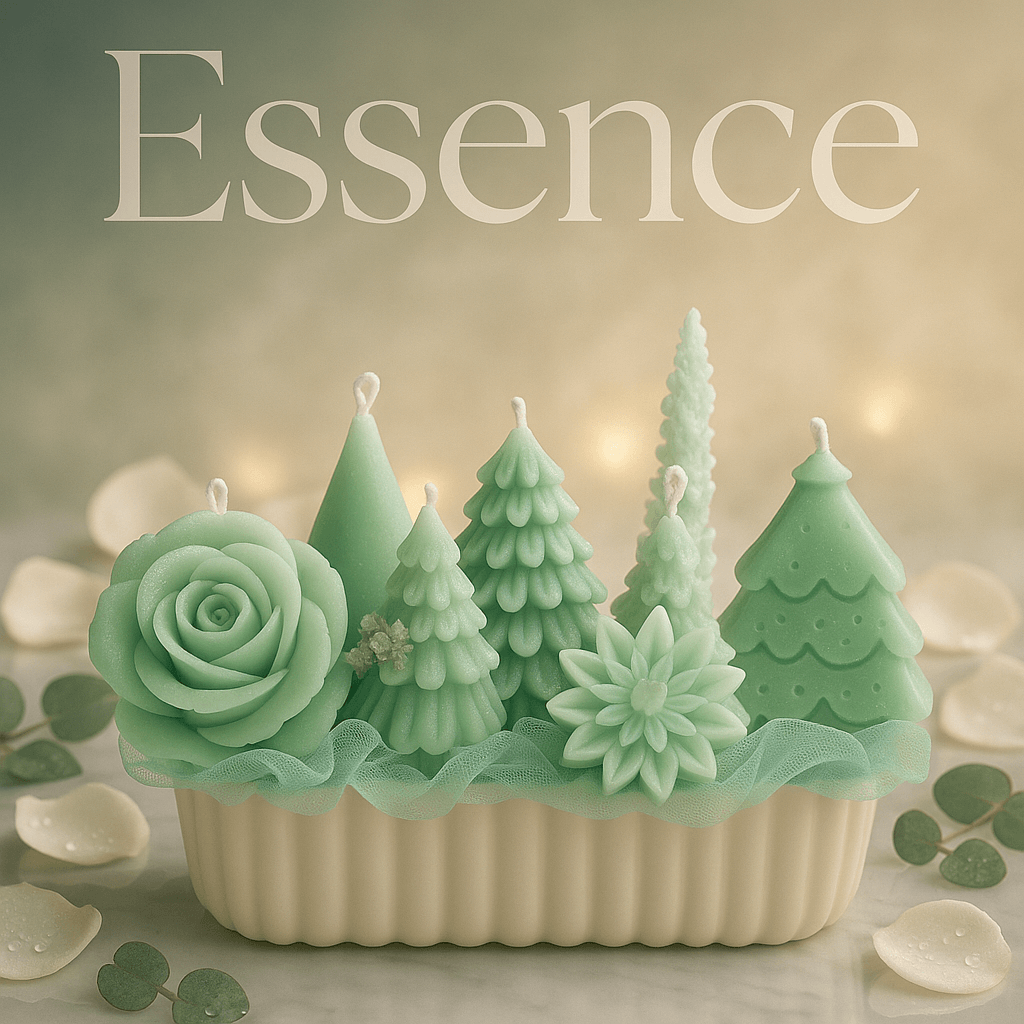 Decorative handmade sculpted candle set with multiple artistic candle designs arranged on a display base