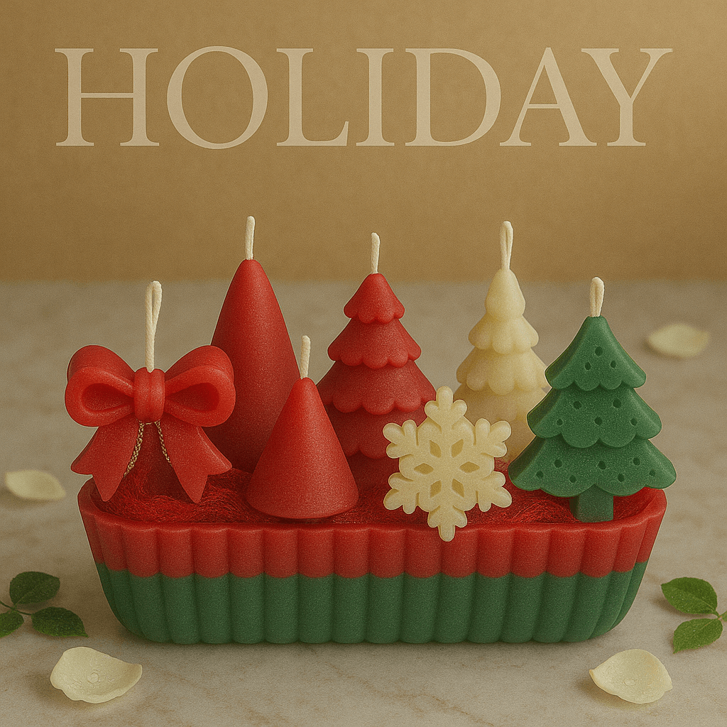 Decorative handmade sculpted candle set with multiple artistic candle designs arranged on a display base