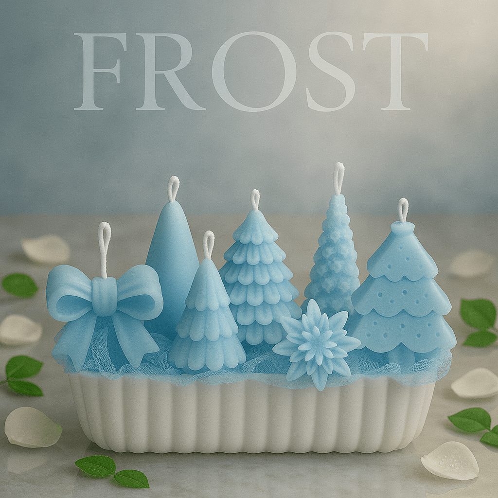 Decorative handmade sculpted candle set with multiple artistic candle designs arranged on a display base