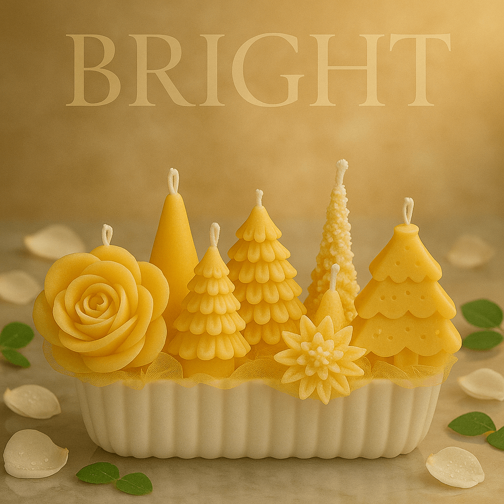 Decorative handmade sculpted candle set with multiple artistic candle designs arranged on a display base