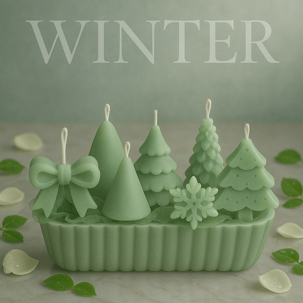 Decorative handmade sculpted candle set with multiple artistic candle designs arranged on a display base