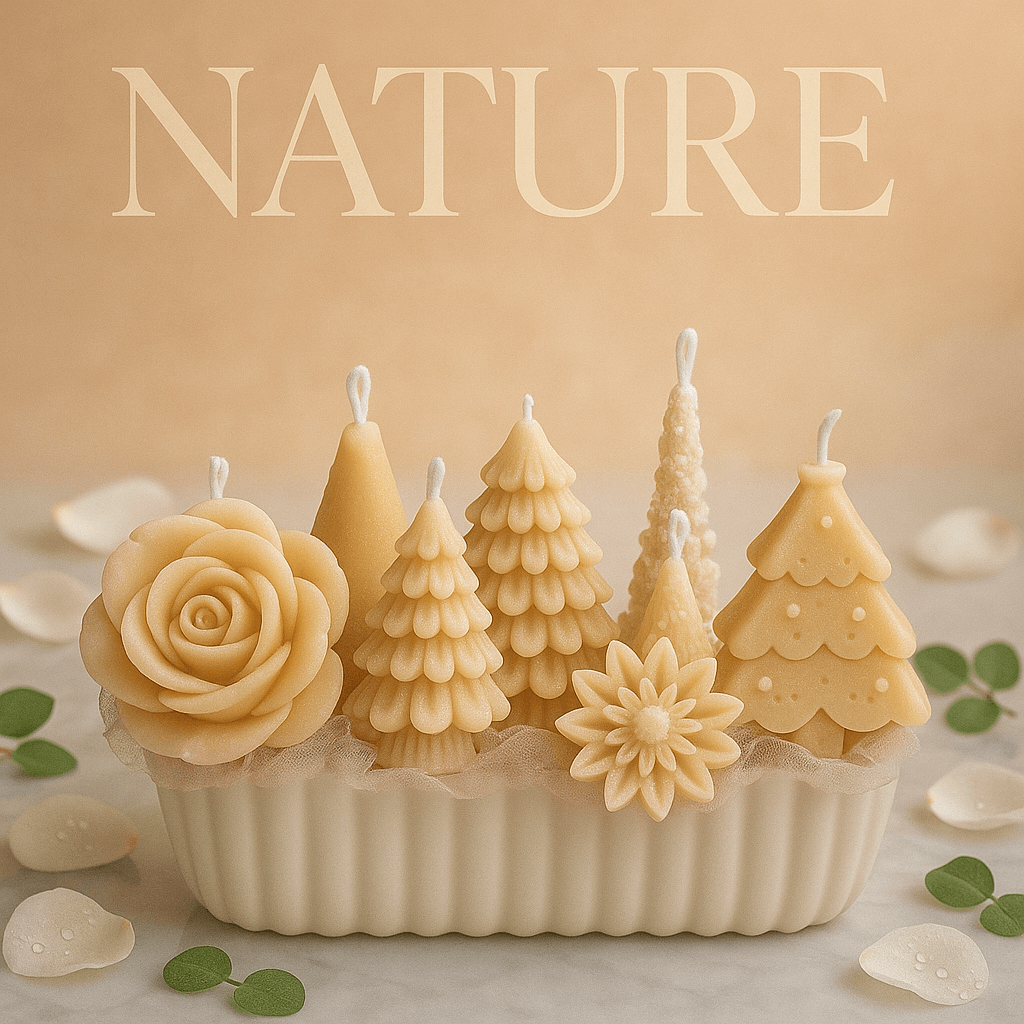 Decorative handmade sculpted candle set with multiple artistic candle designs arranged on a display base