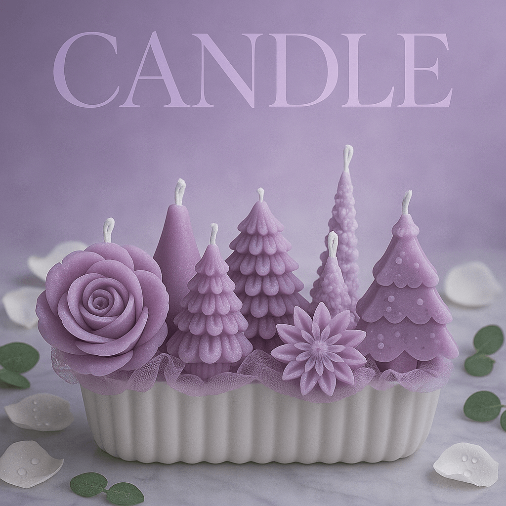 Decorative handmade sculpted candle set with multiple artistic candle designs arranged on a display base