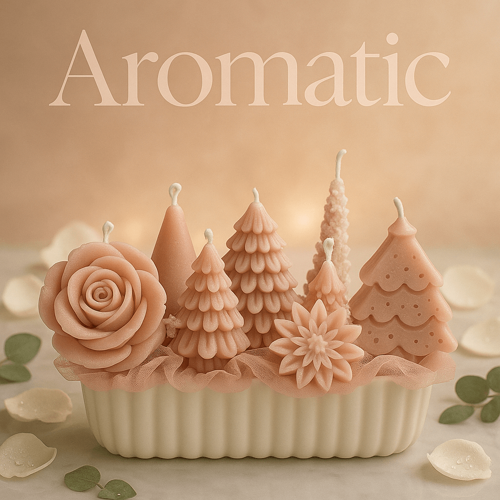 Decorative handmade sculpted candle set with multiple artistic candle designs arranged on a display base