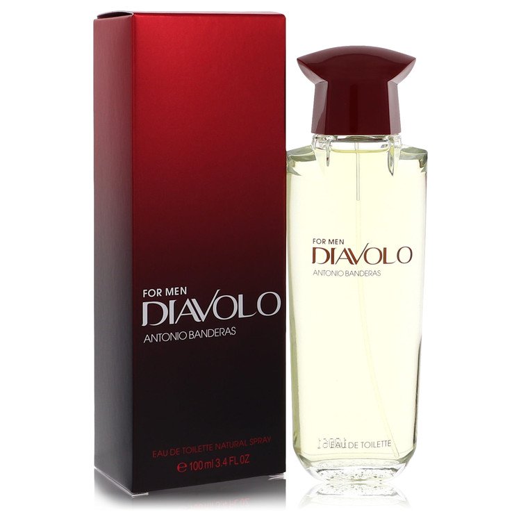 Diavolo Eau de Toilette 100 ml by Antonio Banderas – citrus green leaves leather sandalwood fragrance bottle on white background
