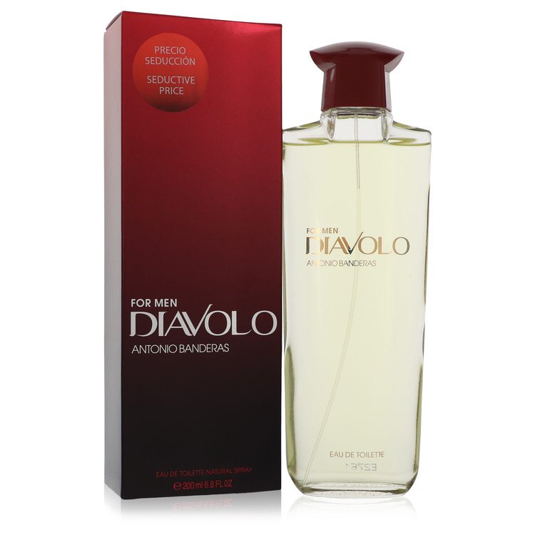 Diavolo Eau de Toilette 200 ml by Antonio Banderas – citrus green leaves leather sandalwood fragrance bottle on white background
