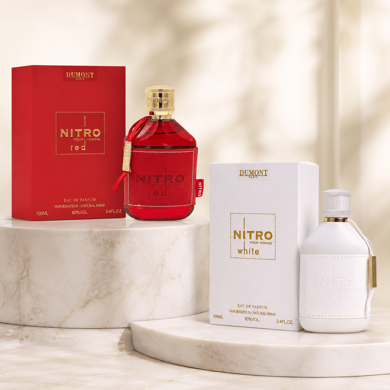 Dumont Nitro Red and Nitro White two-piece Eau de Parfum bundle with two 100 ml bottles and boxes