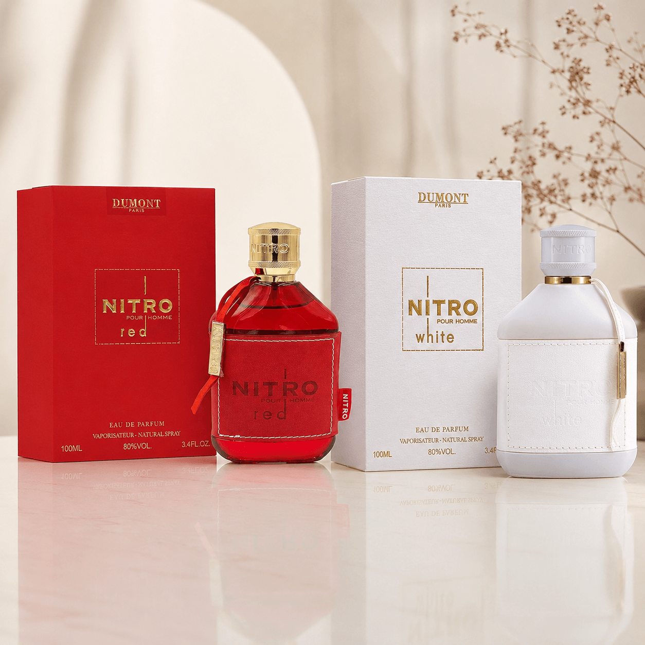 Dumont Nitro Red and Nitro White two-piece Eau de Parfum bundle with two 100 ml bottles and boxes