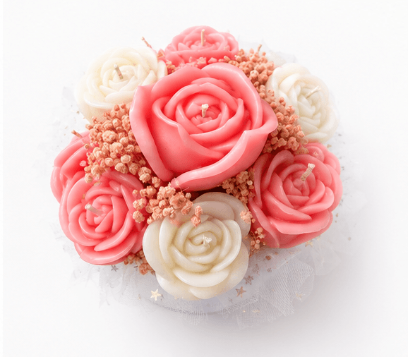 Solandra Eternal Bloom handmade floral candle centerpiece featuring handcrafted wax roses and decorative flower accents.