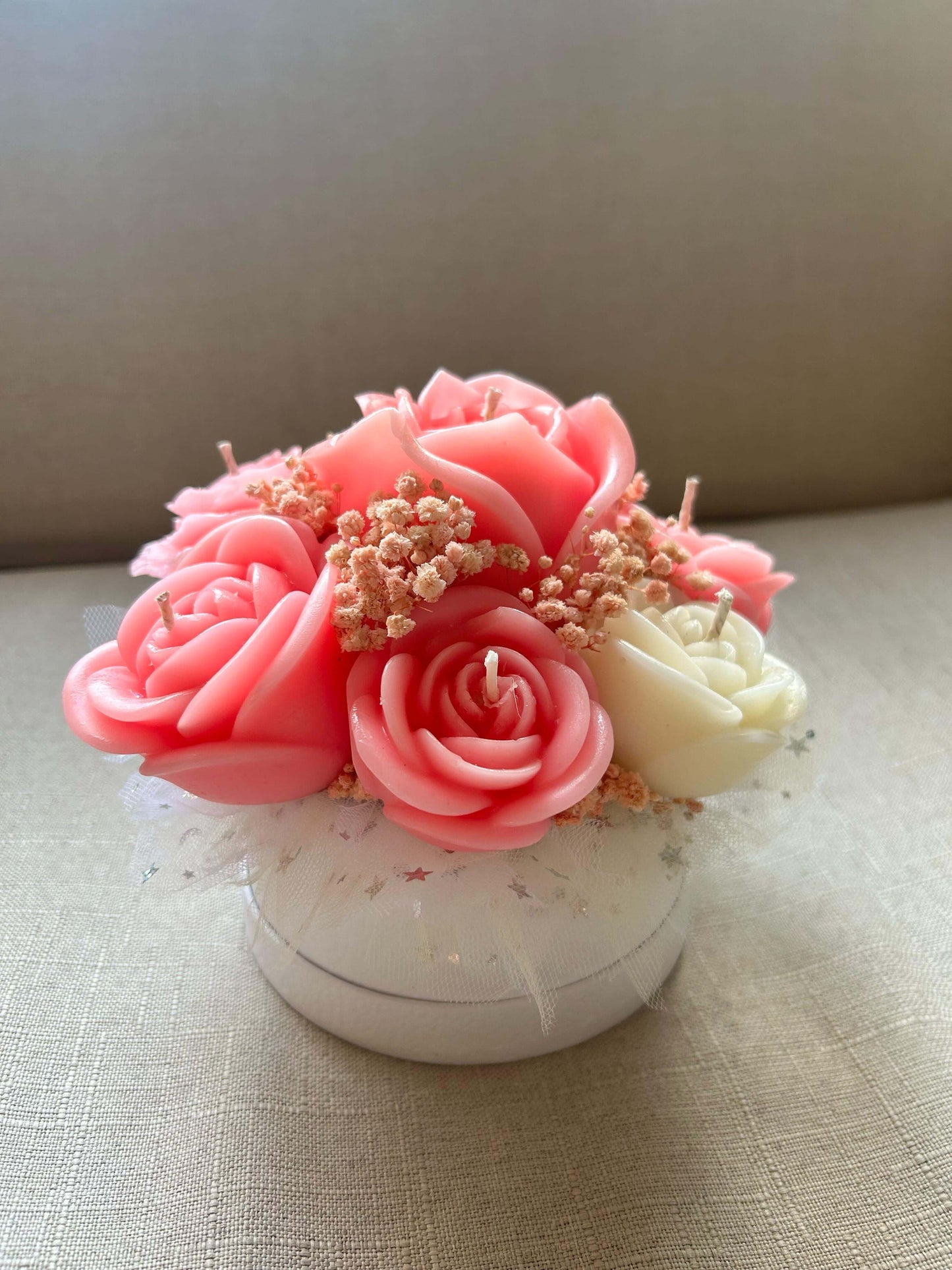 Solandra Eternal Bloom handmade floral candle centerpiece featuring handcrafted wax roses and decorative flower accents.