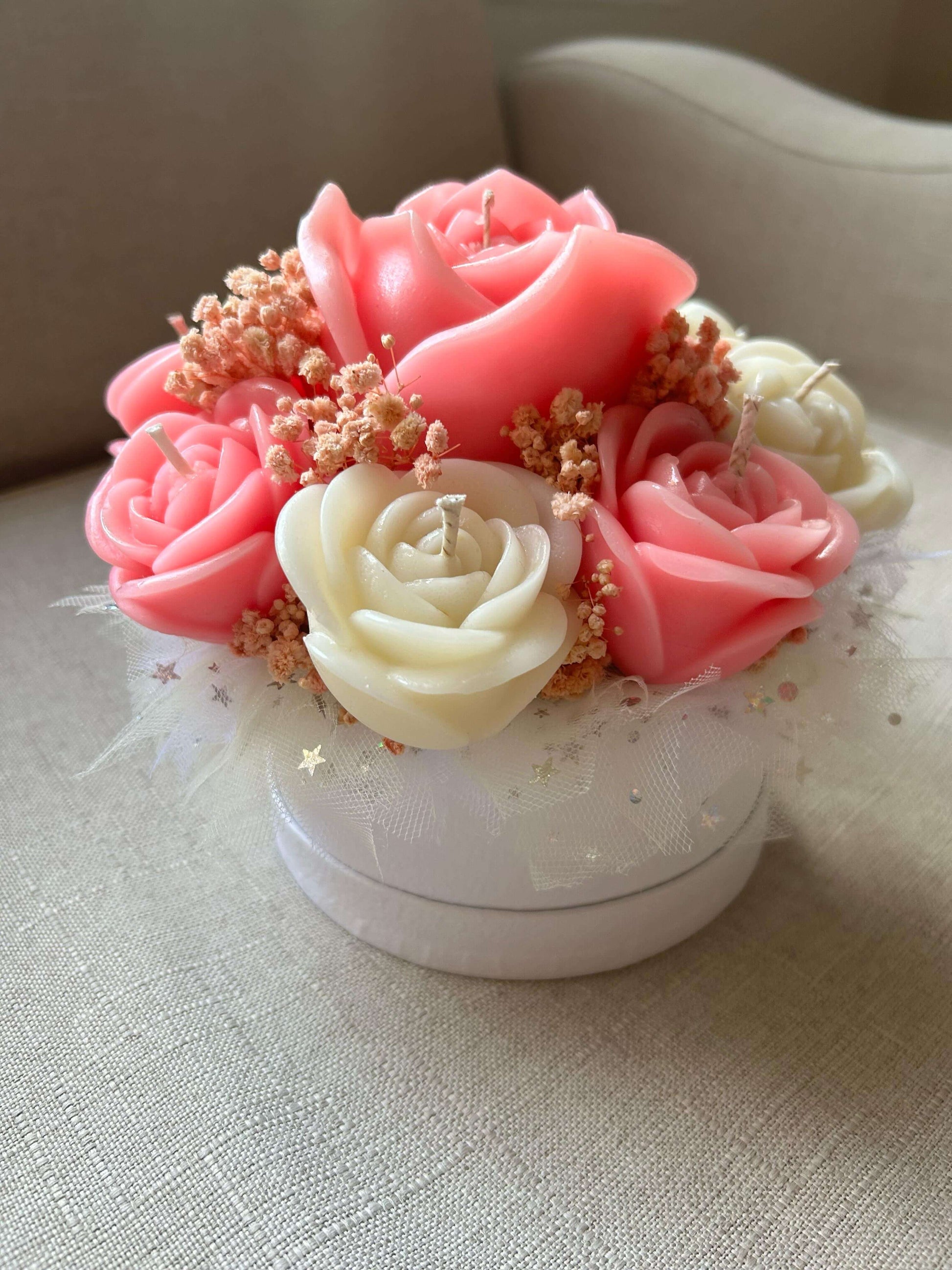 Solandra Eternal Bloom handmade floral candle centerpiece featuring handcrafted wax roses and decorative flower accents.