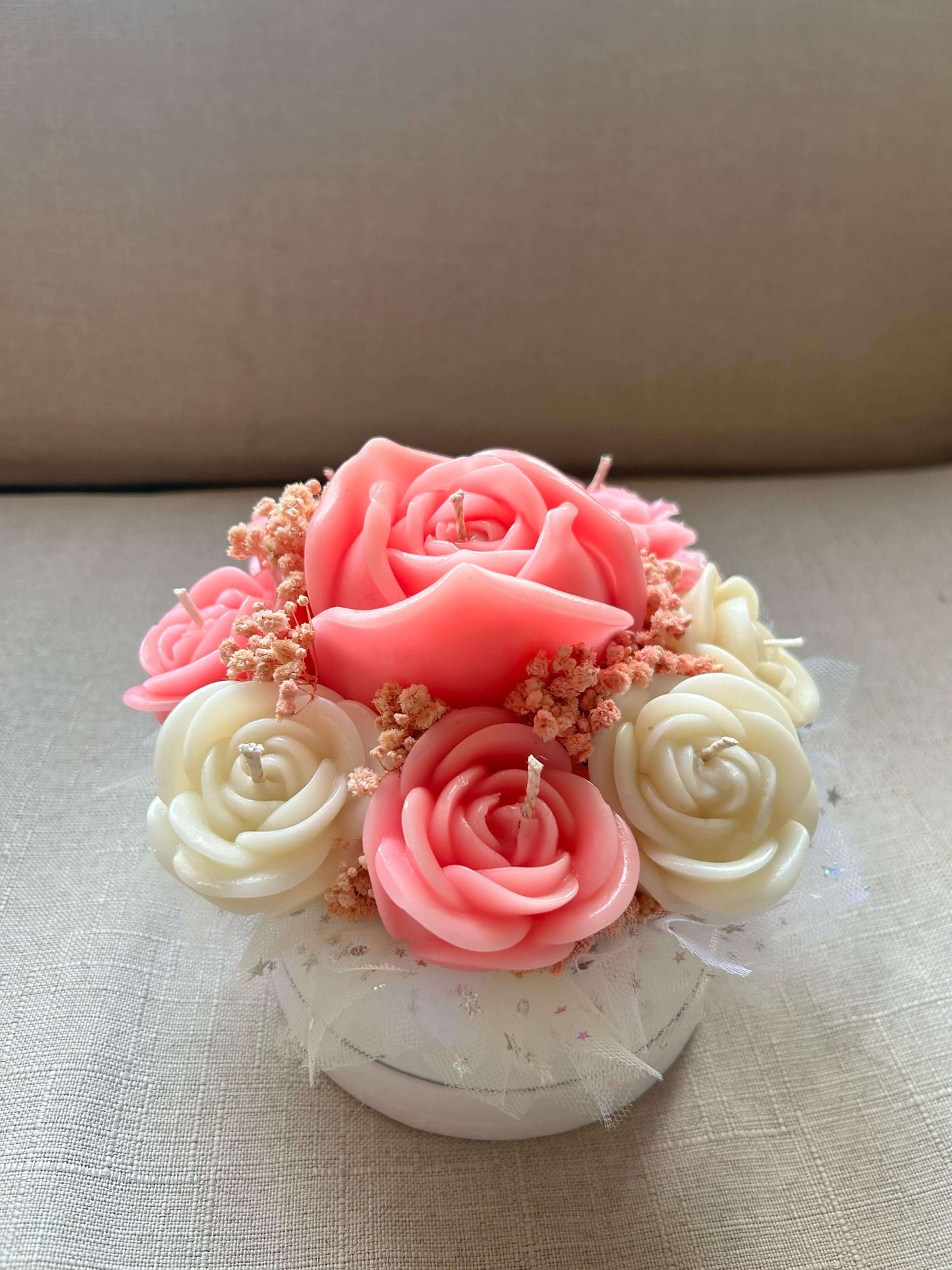 Solandra Eternal Bloom handmade floral candle centerpiece featuring handcrafted wax roses and decorative flower accents.