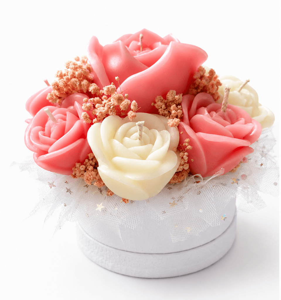 Solandra Eternal Bloom handmade floral candle centerpiece featuring handcrafted wax roses and decorative flower accents.