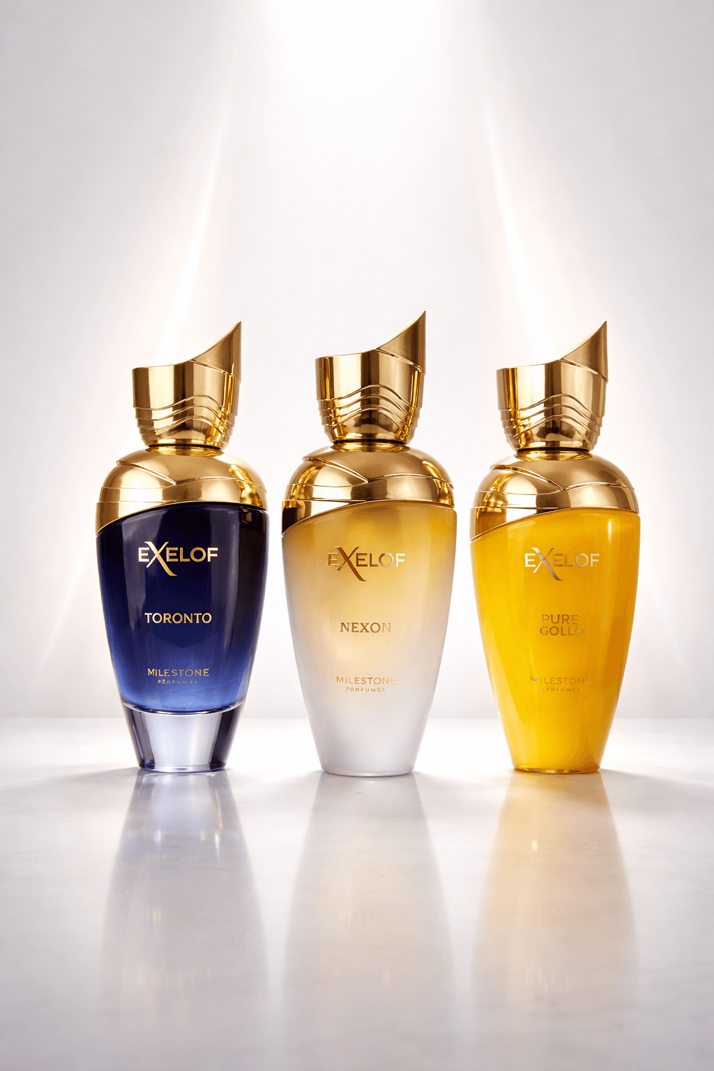 Exelof Luxury Trio Bundle by Milestone featuring Toronto, Nexon, and Pure Gold Eau de Parfum bottles with matching boxes arranged together on a clean background.