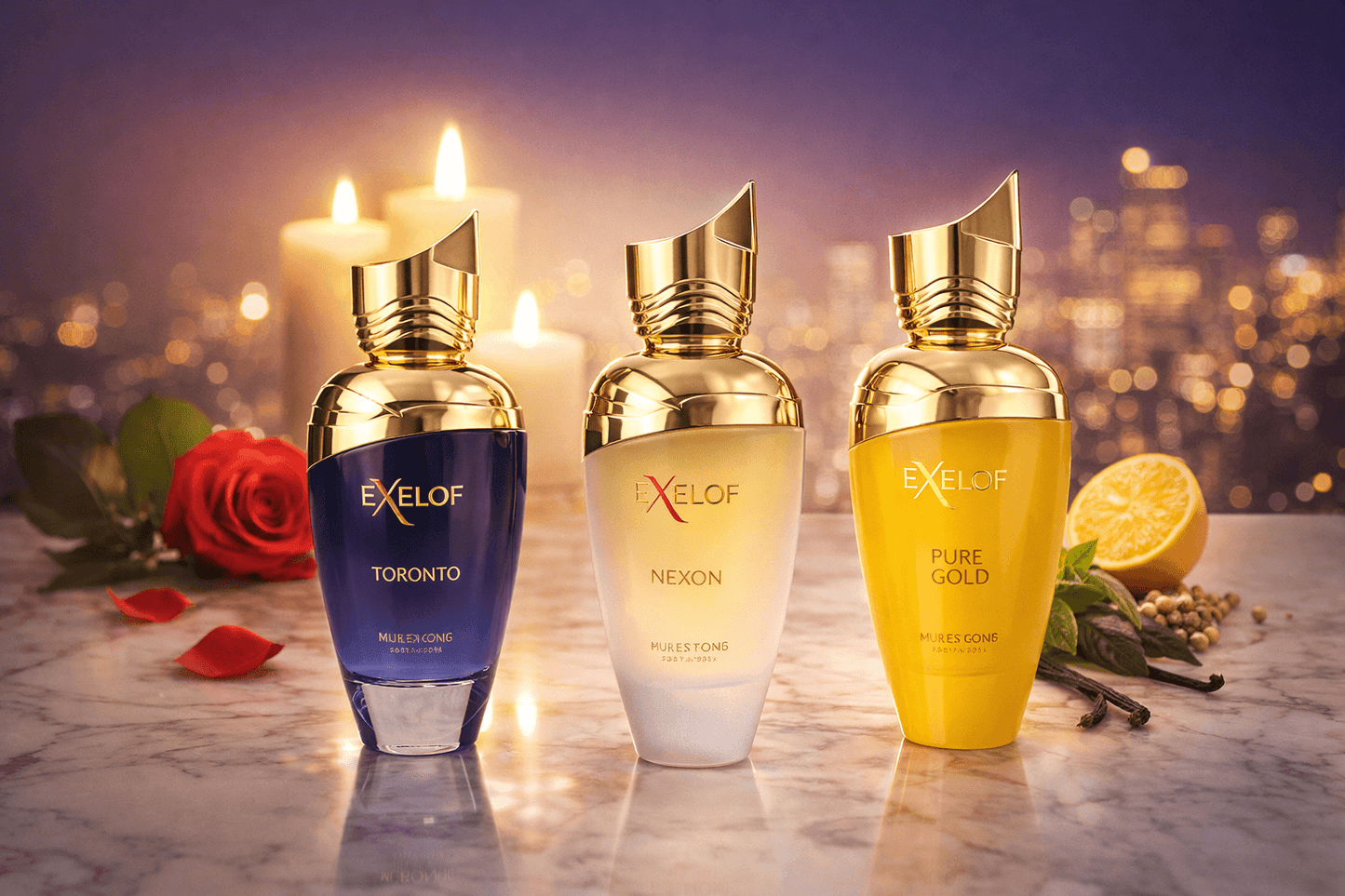Exelof Luxury Trio Bundle by Milestone featuring Toronto, Nexon, and Pure Gold Eau de Parfum bottles with matching boxes arranged together on a clean background.