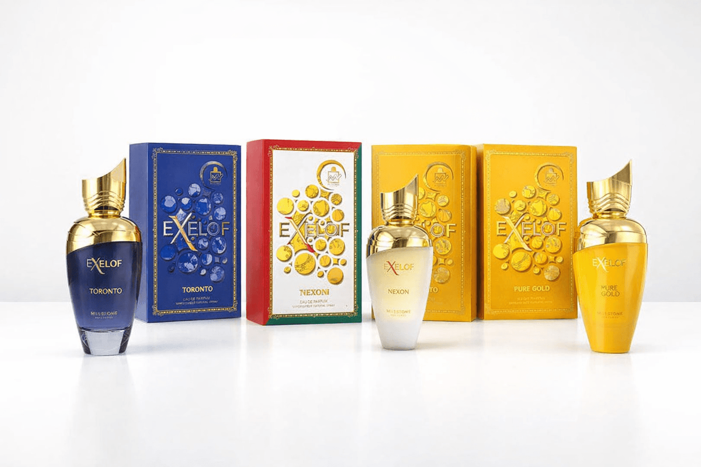Exelof Luxury Trio Bundle by Milestone featuring Toronto, Nexon, and Pure Gold Eau de Parfum bottles with matching boxes arranged together on a clean background.