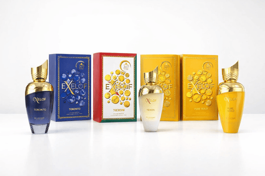 Exelof Luxury Trio Bundle by Milestone featuring Toronto, Nexon, and Pure Gold Eau de Parfum bottles with matching boxes arranged together on a clean background.