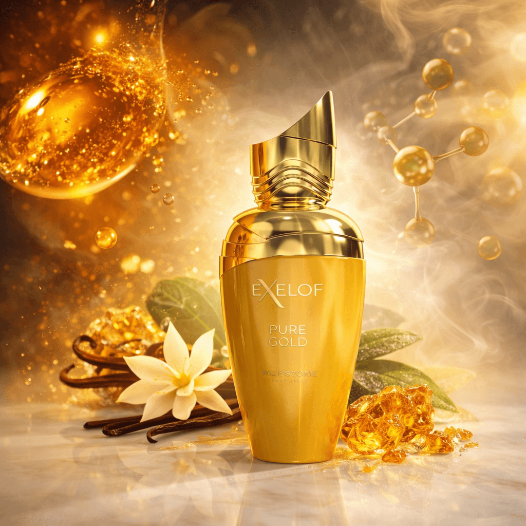 Exelof Pure Gold Eau de Parfum by Milestone unisex amber vanilla luxury perfume bottle