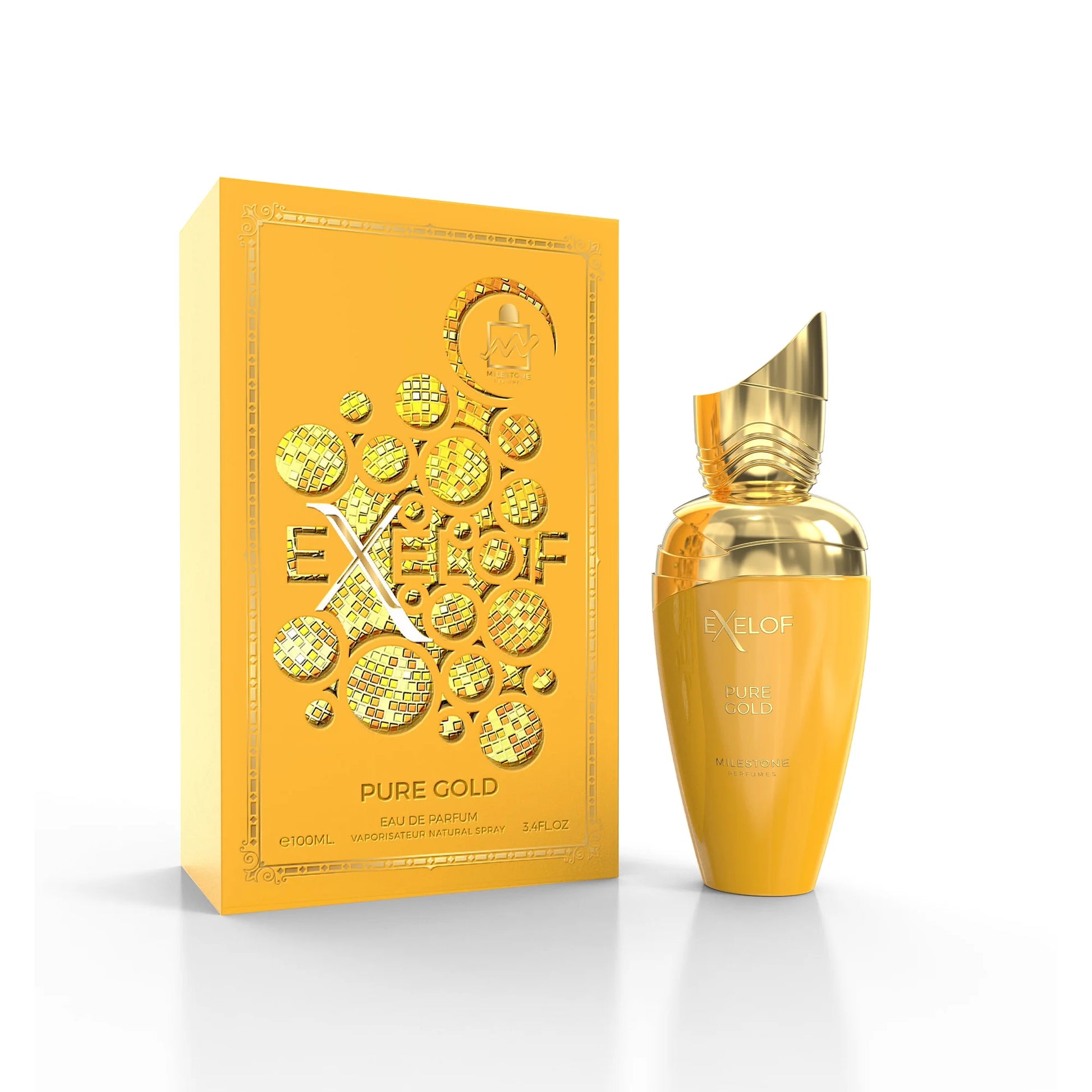 Exelof Pure Gold Eau de Parfum by Milestone unisex amber vanilla luxury perfume bottle