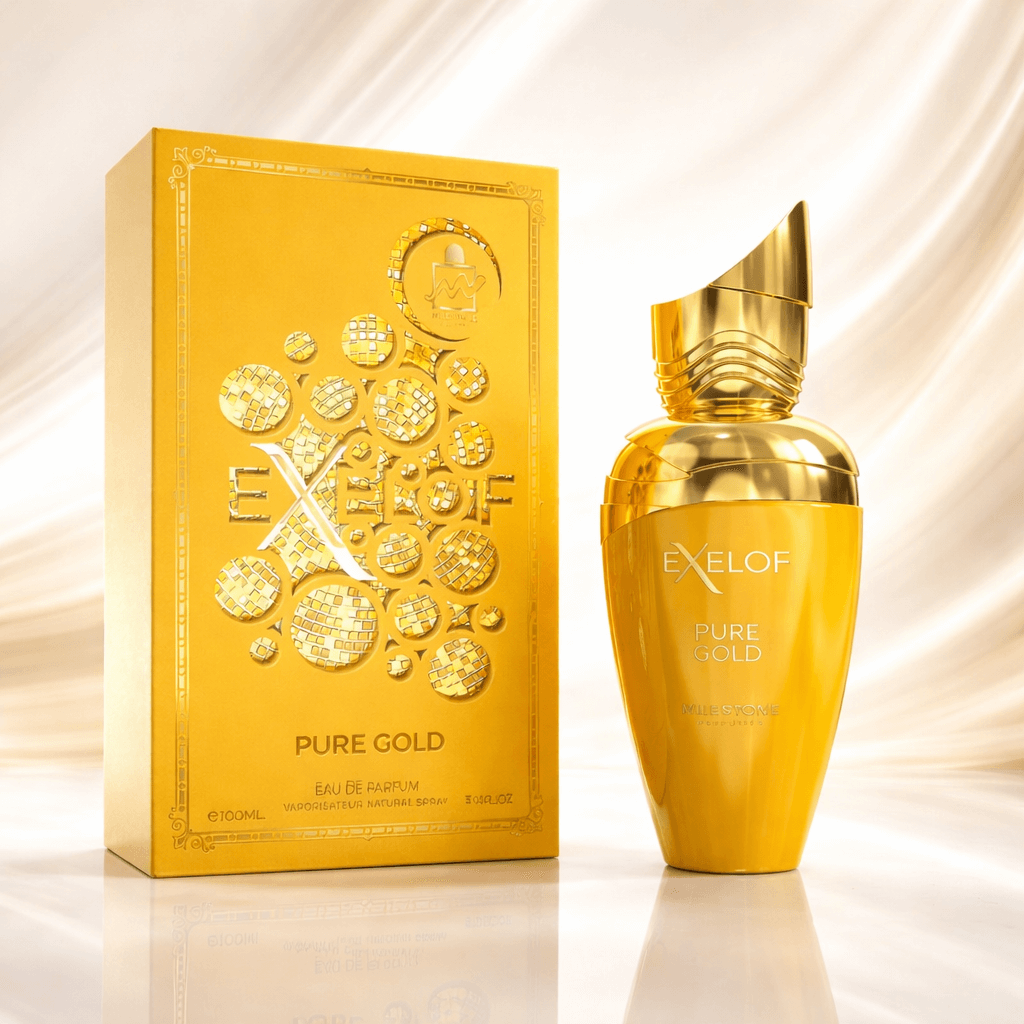 Exelof Pure Gold Eau de Parfum by Milestone unisex amber vanilla luxury perfume bottle