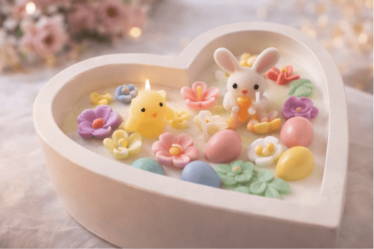 Heart-shaped decorative dough bowl candle with handmade wax details